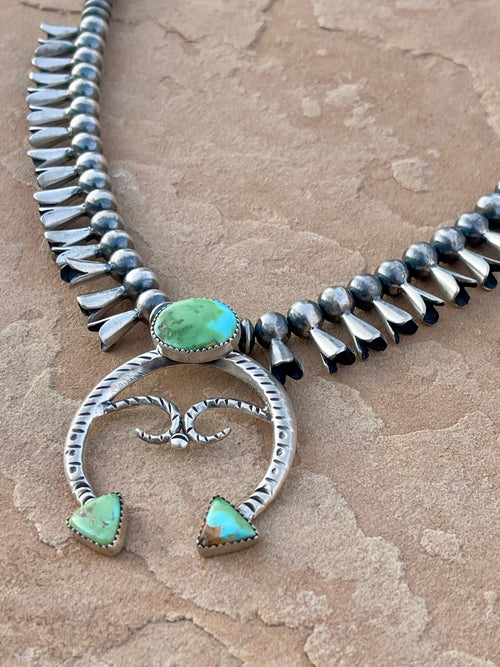 Beautiful Handmade Sterling Silver & Sonoran Mountain Turquoise Squash Blossom Necklace