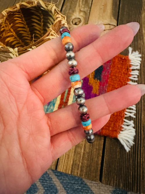 Handcrafed Turquoise, Spiny & Sterling Silver Pearl Beaded Stretch Bracelet