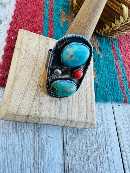 Old Pawn Navajo Sterling Silver, Turquoise & Coral Ring Size 11