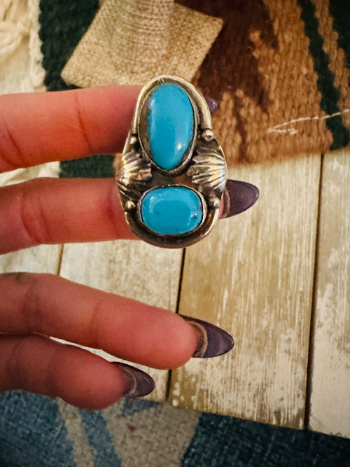 Old Pawn Handcrafted Turquoise & Sterling Silver Ring Size 9.5