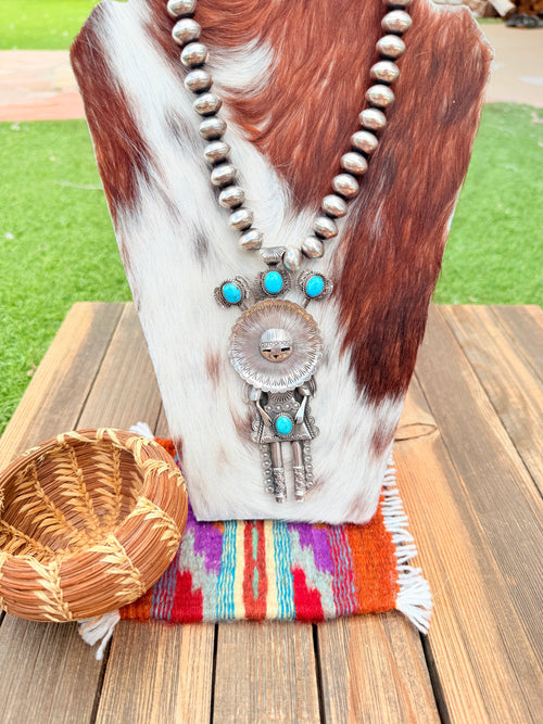 Handcrafted Turquoise & Sterling Silver Beaded Kachina Necklace by Garrett Hale