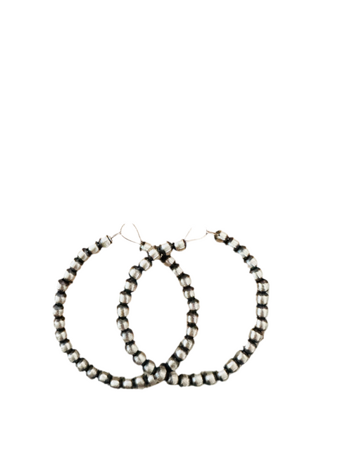 Navajo Sterling Silver Pearl Beaded Dangle Hoop Earrings