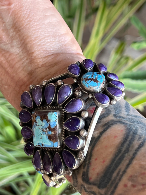 Handcrafted Sterling Silver, Charoite and Golden Hills Turquoise Cluster Cuff Bracelet by Tyler Brown /