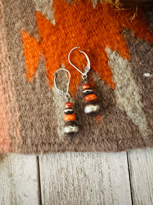 Navajo Spiny Oyster & Sterling Silver Pearl Dangle Earrings