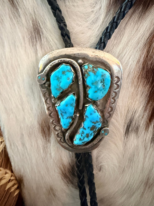 Handcrafted Vintage Old Pawn Sterling Silver & Turquoise Concho Bolo Tie by Effie Calavaza