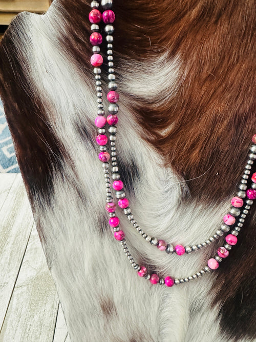 Handcrafted Sterling Silver & Pink Mojave Beaded Necklace