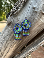 Handmade MultiColor Beaded Dangle Earrings (Blue, Green, & Gold)