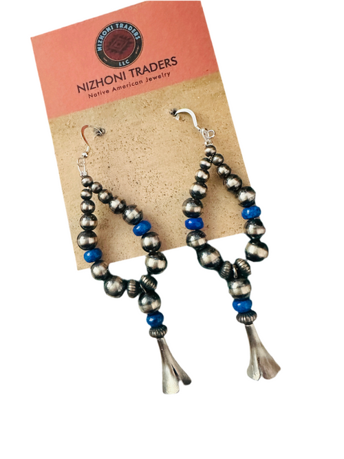 Navajo Lapis & Sterling Silver Pearl Beaded Blossom Hoop Earrings
