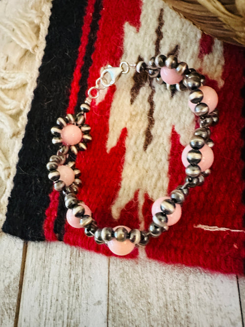 Navajo Queen Pink Conch Shell & Sterling Silver Beaded Flower Bracelet