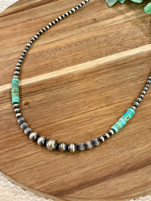 Handmade Sterling Silver with Kingman Turquoise Beaded Necklace with Signed Nizhoni 18” w/ extender