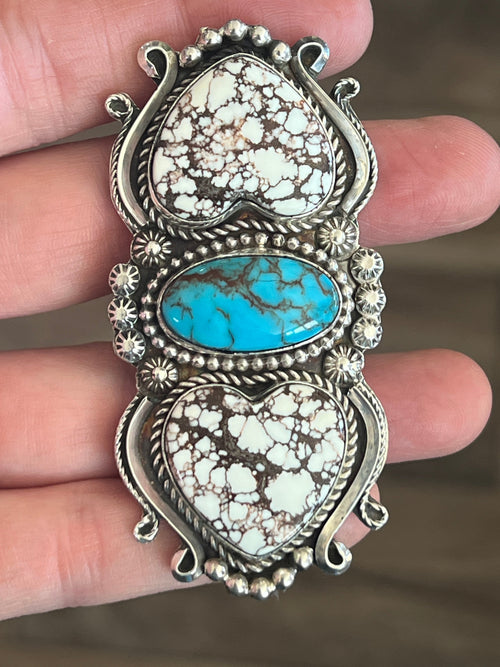 Apache Sterling Silver, Wild Horse Heart and Egyptian Turquoise Statement Ring by Rosella Paxson, Size 6.5