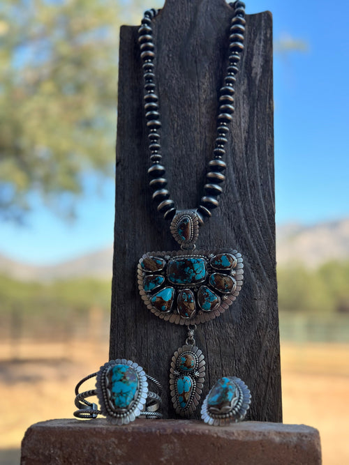 Charles Johnson Navajo Number 8 Turquoise & Sterling Silver Necklace, Bracelet and Ring Set Signed