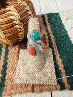 Old Pawn Handcrafted Turquoise, Coral & Sterling Silver Ring Size 6