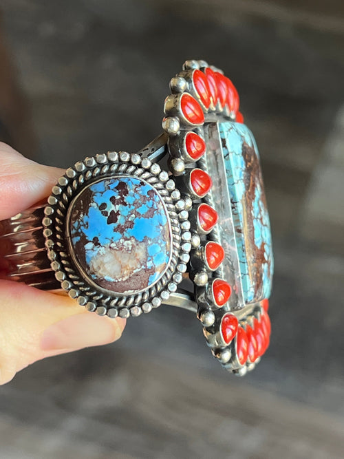 Navajo Sterling Silver, Mediterranean Coral & Golden Hills Turquoise Cuff Bracelet by Tyler Brown