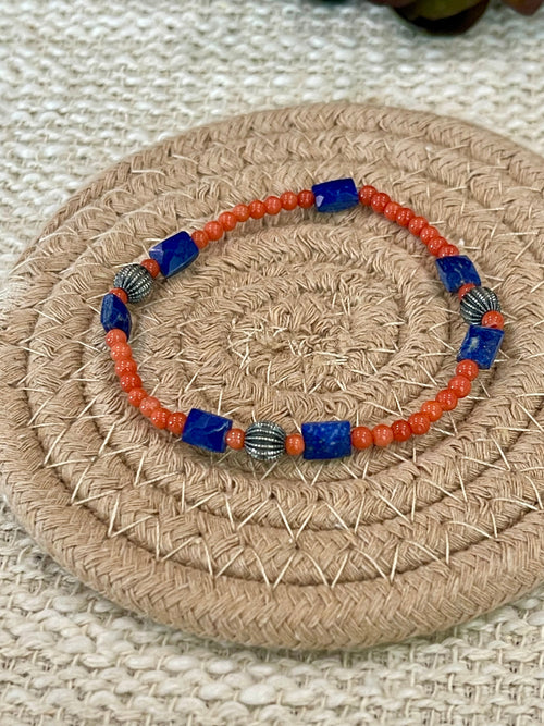 ** 4TH OF JULY ** Handmade Sterling Silver, Coral & Lapis Beaded Bracelet Signed Nizhoni
