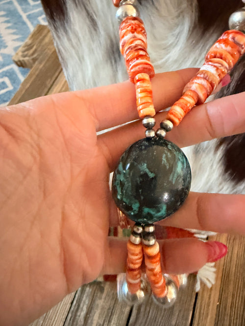 Handcrafted Orange Spiny Oyster, Turquoise & Sterling Silver Beaded Jacla Necklace