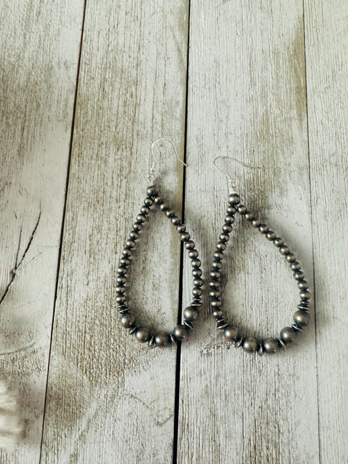 Navajo Sterling Silver Pearl Beaded Dangle Hoop Earrings