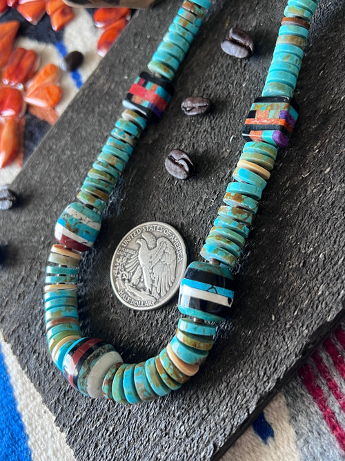 Ronald Chavez Handcrafted Turquoise Heishi Beaded Santo Domingo Necklace with Layered Bead Accents