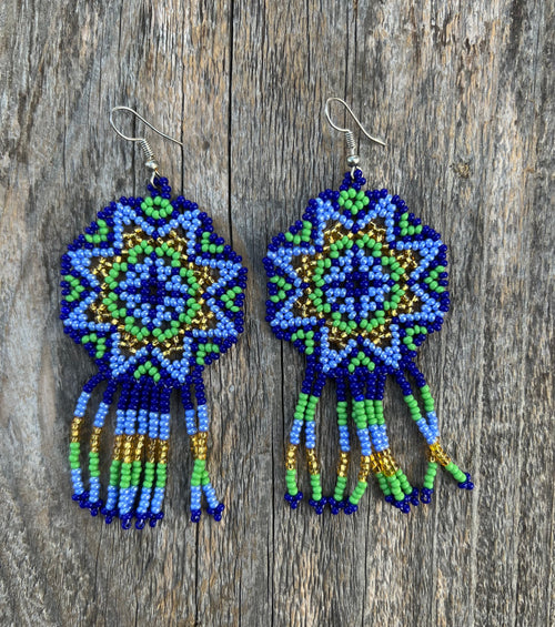 Handmade MultiColor Beaded Dangle Earrings (Blue, Green, & Gold)