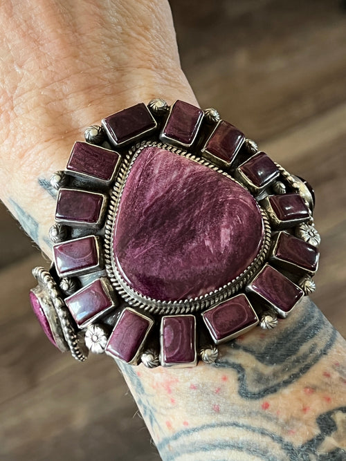 Handcrafted Sterling Silver and Purple Spiny Oyster Shell Cuff Bracelet by Tyler Brown /