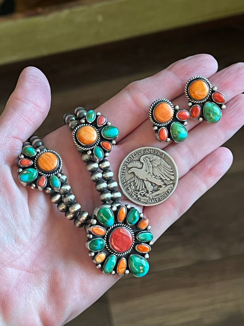 Navajo Made Sterling Silver Electric Rainbow Beaded Cluster Necklace & Earrings Set by Angela Martin