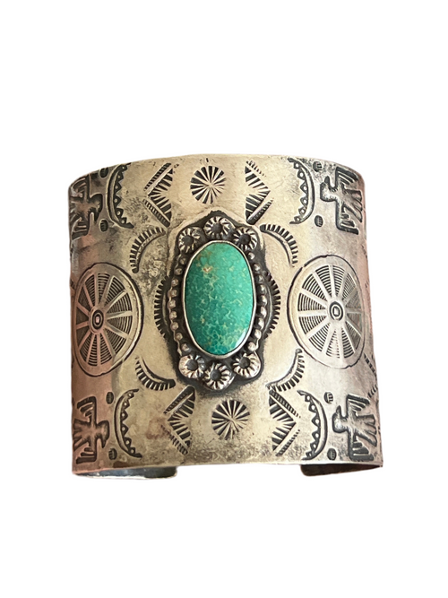 Handcrafted Vintage Fred Harvey Era Symbolic Collage TurquoiseSterling Silver Cuff Bracelet