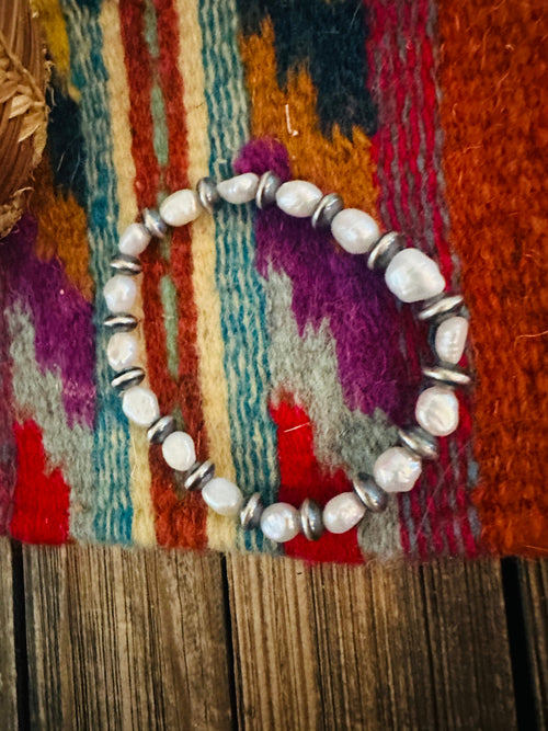 Handcrafted Freshwater Pearl & Sterling Silver Pearl Beaded Stretch Bracelet