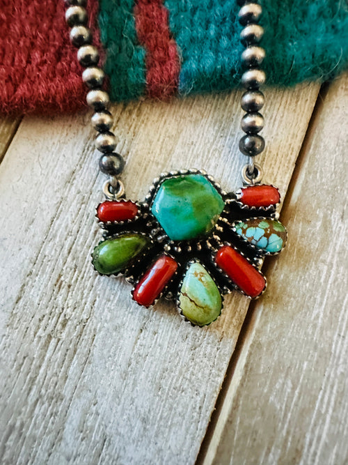 ** Christmas Collection ** Handmade Sterling Silver, Turquoise & Coral Necklace Signed Nizhoni