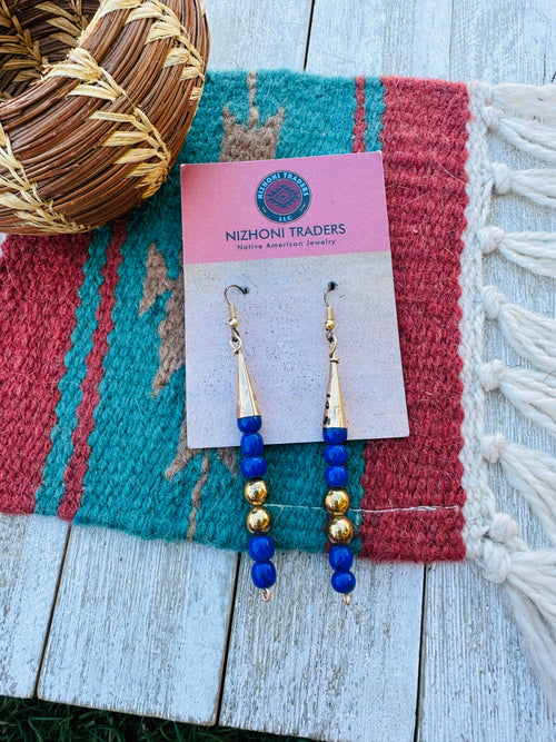 Handcrafted Old Pawn Gold Plated Sterling Silver and Lapis Beaded Dangle Earrings