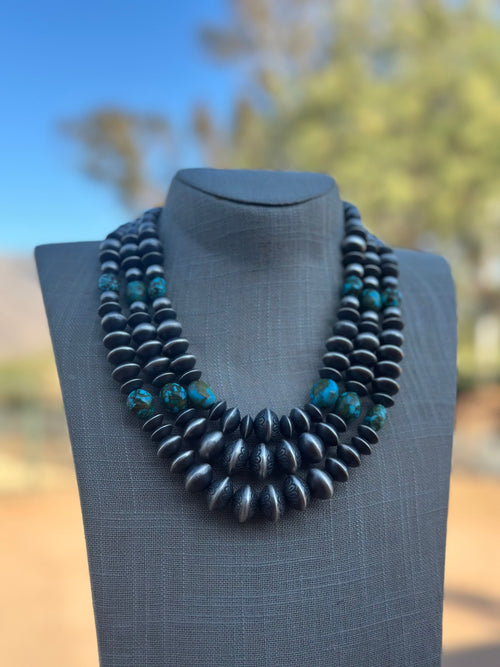 Handcrafted Rose Martin Sterling Silver & Kingman Turquoise Three Strand Necklace