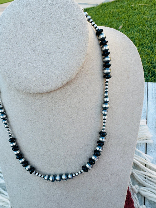 Handcrafted Sterling Silver Pearl & Onyx Beaded 16” Necklace