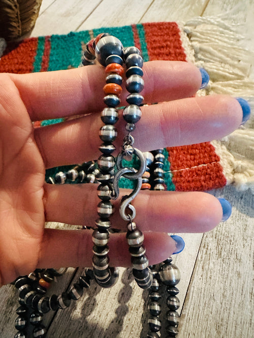 Handcrafted Orange Spiny & Sterling Silver Beaded Necklace 60”