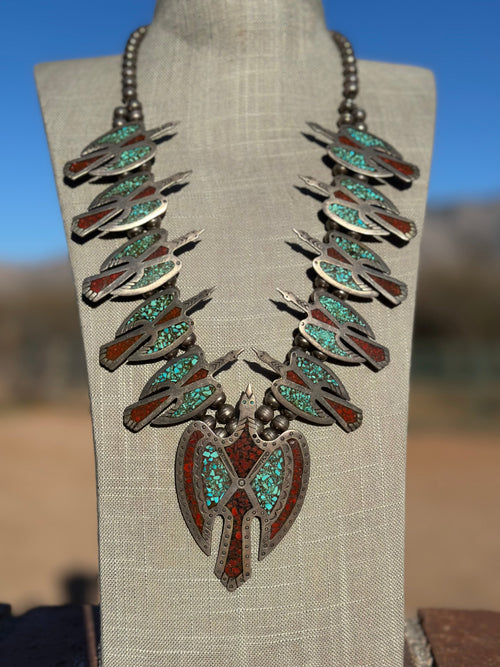 Estate Collection Old Pawn Navajo Turquoise & Coral Sterling Silver Chip Inlay Thunderbird Squash Blossom Necklace