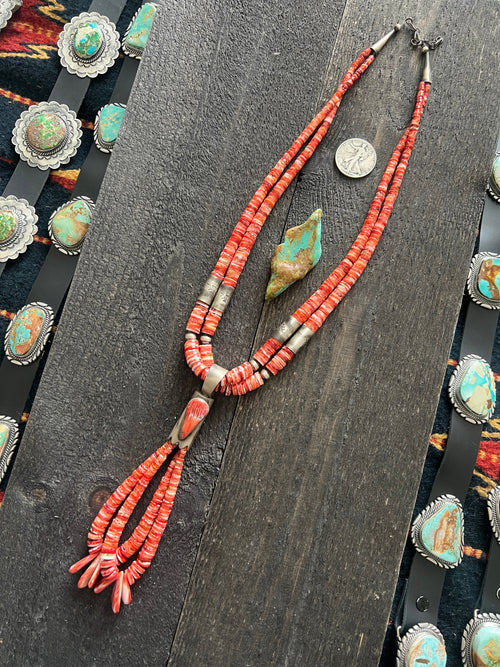 Santo Domingo (Kewa) Sterling Silver and Red Spiny Oyster Shell Jacla Bead Necklace by Daniel Coriz