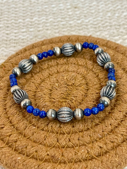 ** 4TH OF JULY ** Handmade Sterling Silver & Lapis Beaded Bracelet with Signed Nizhoni- S
