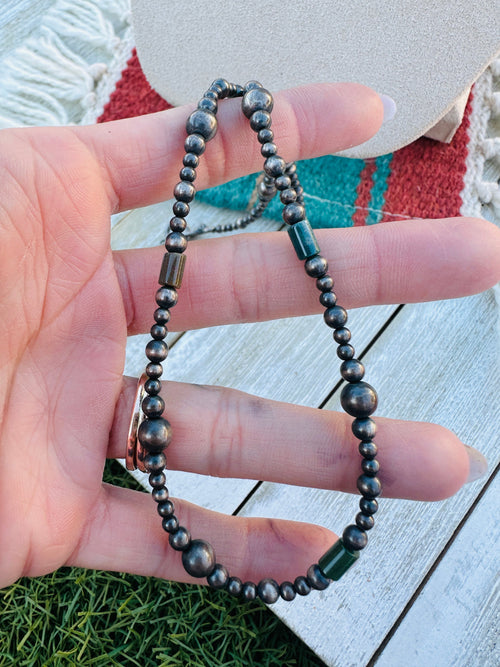 Handcrafted Sterling Silver Pearl & Lapis 18” Beaded Necklace