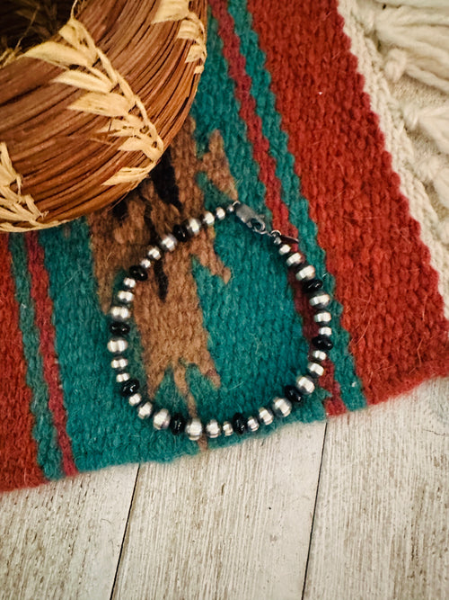 Navajo Black Onyx and Sterling Silver Pearl Beaded Bracelet
