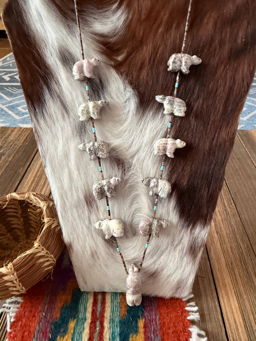 Handcrafted Sterling Silver & Beaded Fetish Bear Necklace 28" by Larry Cisco