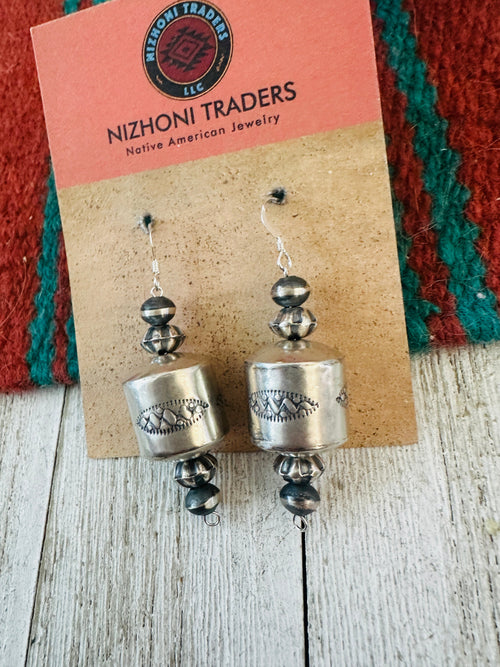 Navajo Hand Stamped Sterling Silver Pearl Dangle Earrings