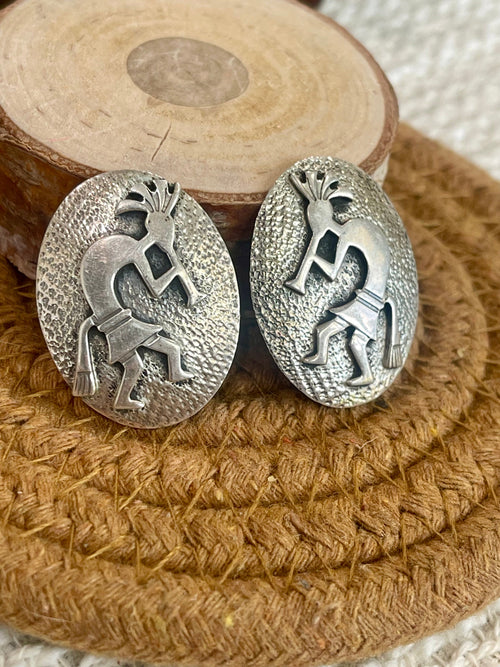 Old Pawn Sterling Silver Cluster Kokopelli Clip On Earrings