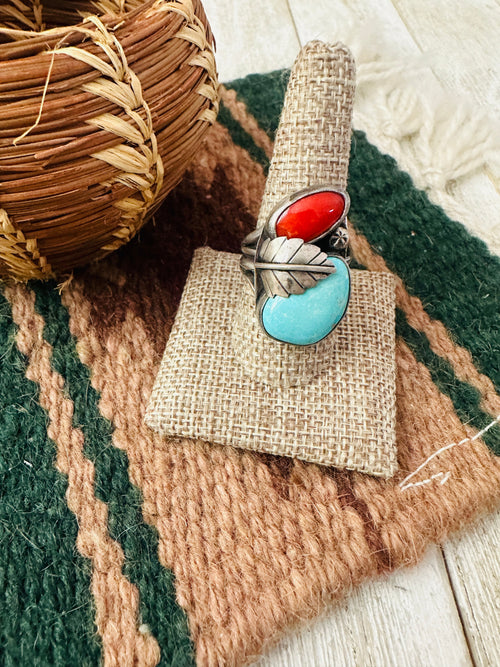 Old Pawn Handcrafted Turquoise, Coral & Sterling Silver Ring Size 10