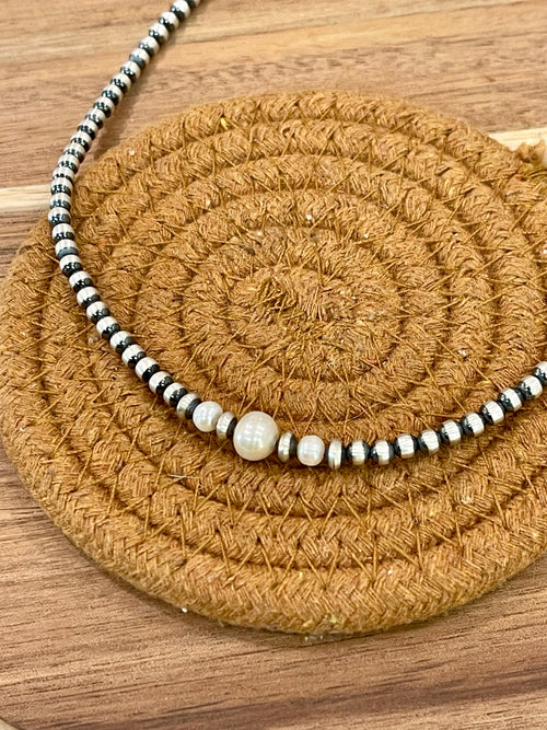 Handmade Sterling Silver & Pearl Beaded 14” Necklace