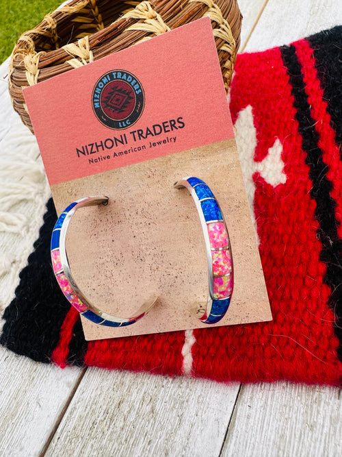 Handcrafted Old Pawn Sterling Silver & Multicolor Opal Inlay Hoop Earrings