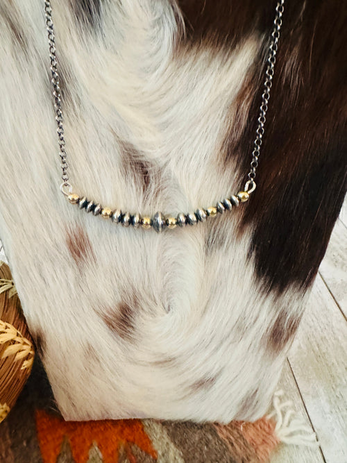 Navajo Sterling Silver & Gold Beaded Chain Necklace