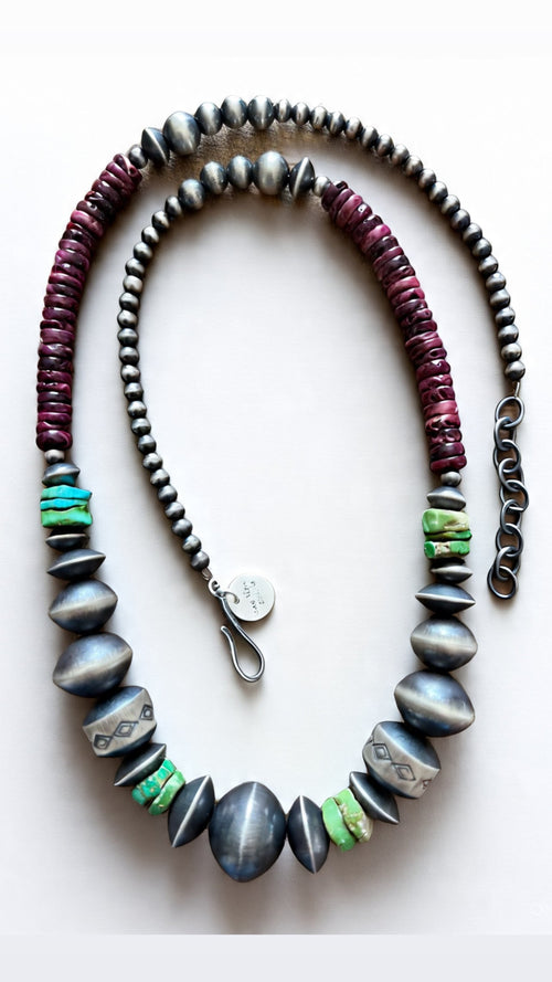 Navajo Made Electric Rainbow Sterling Silver, Turquoise and Spiny Oyster Single Strand Beaded Necklace by Rose Martin, 22 + 2 Inches