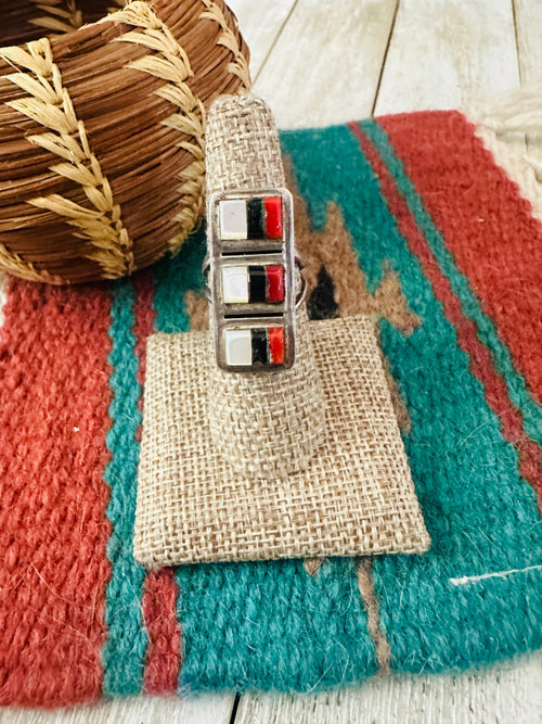 Old Pawn Handcrafted Multi Stone & Sterling Silver Inlay Ring Size 7