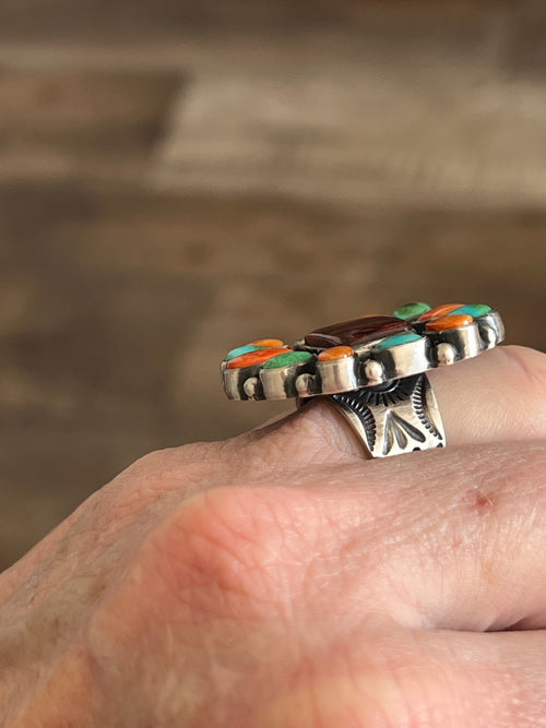 Navajo Electric Rainbow Turquoise and Spiny Oyster Ring by Angela Martin and Bernyse Chavez, Size 7.5-8