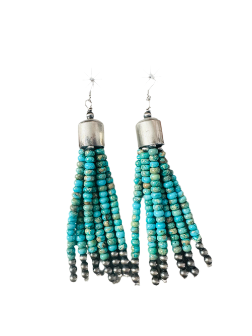 Handcrafted Turquoise & Sterling Silver Pearl Beaded Tassel Dangle Earrings