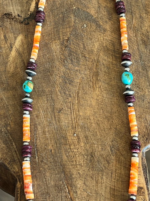 Navajo Made Electric Rainbow Sterling Silver, Turquoise and Spiny Oyster Single Strand Beaded Necklace by Rose Martin, 22 + 2 Inches