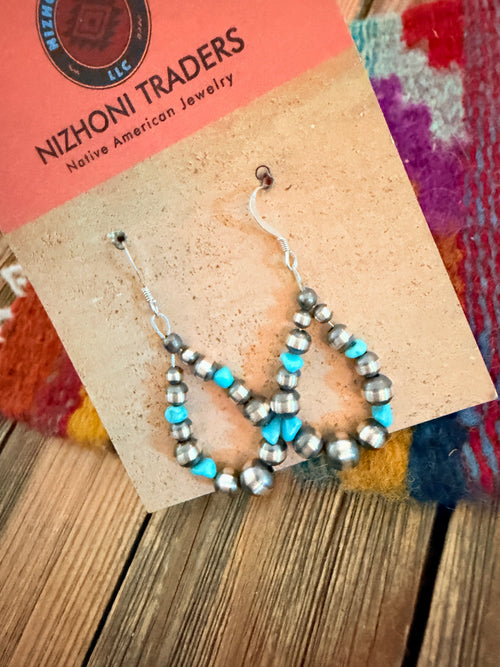 Handcrafted Turquoise & Sterling Silver Pearl Beaded Dangle Hoop Earrings